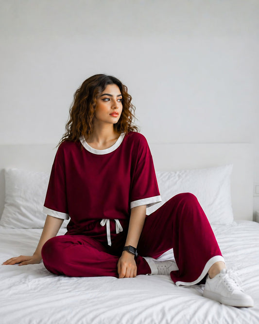 Maroon White Round-Neck Palazzo Night Suit