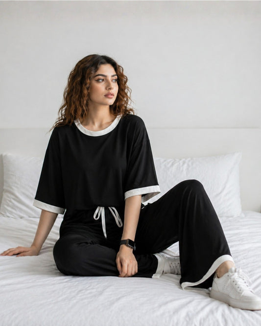 Black White Round Neck Plazo Night Suit