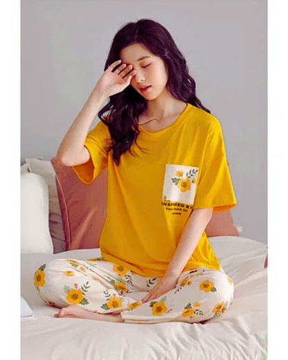 Yellow Flower Printed Night Suit