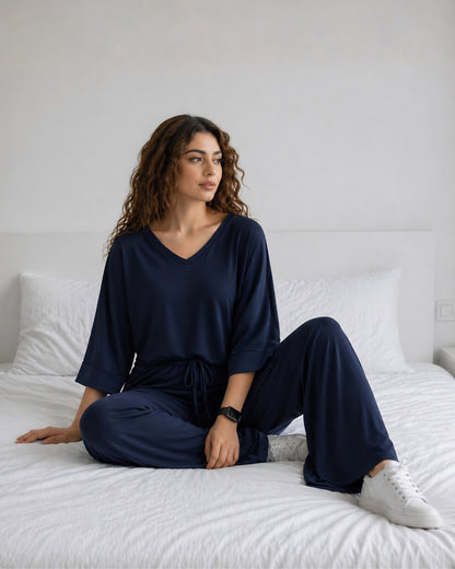 Navy Blue V-Neck Plazo Night Suit