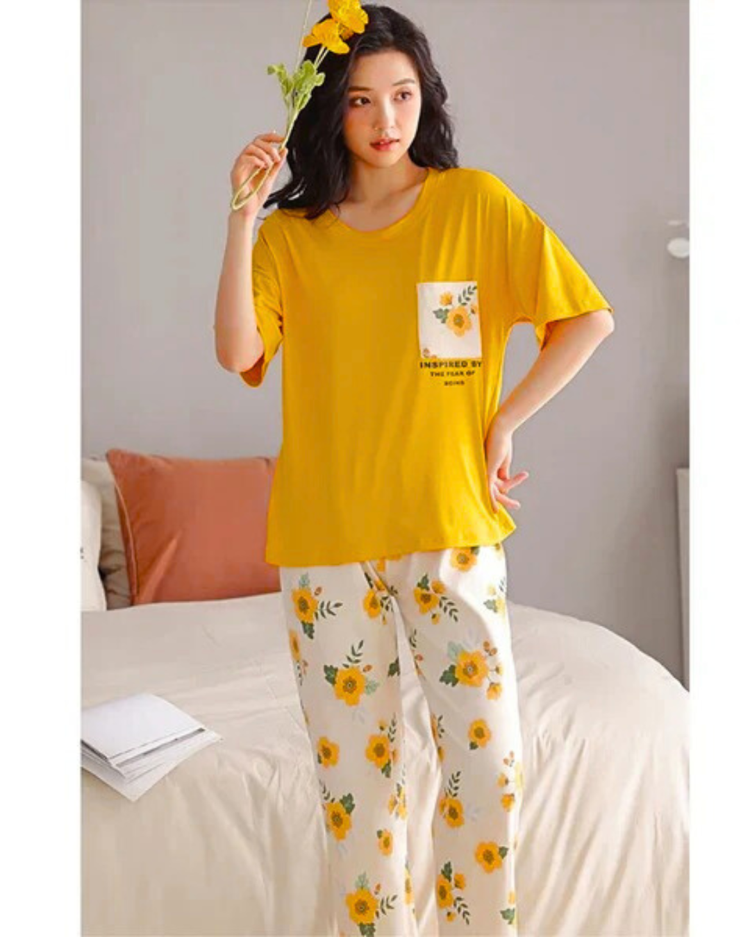 Yellow Flower Printed Night Suit