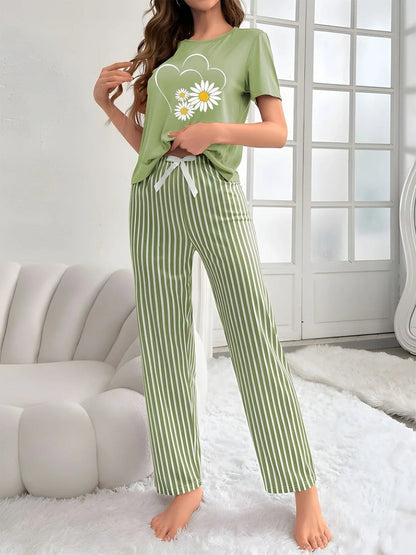 Women's Green Sunflowers Heart Printed Night Suit made from premium cotton jersey fabric with sunflower and heart prints for soft, breathable, all-season comfort.