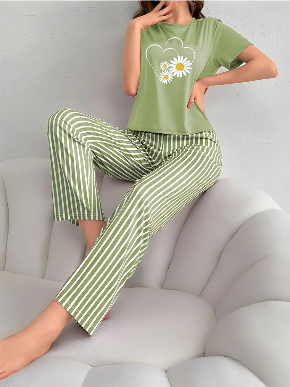 Women's Green Sunflowers Heart Printed Night Suit made from premium cotton jersey fabric with sunflower and heart prints for soft, breathable, all-season comfort.