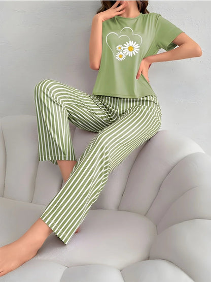 Women's Green Sunflowers Heart Printed Night Suit made from premium cotton jersey fabric with sunflower and heart prints for soft, breathable, all-season comfort.