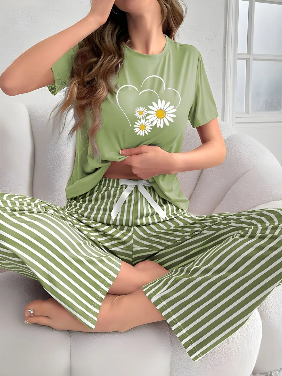 Women's Green Sunflowers Heart Printed Night Suit made from premium cotton jersey fabric with sunflower and heart prints for soft, breathable, all-season comfort.