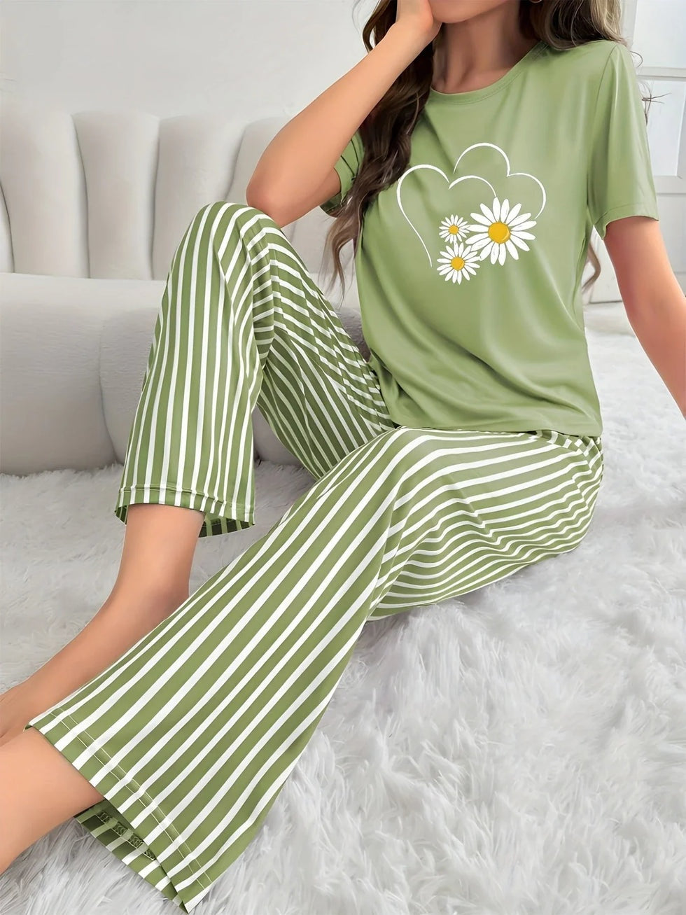 Women's Green Sunflowers Heart Printed Night Suit made from premium cotton jersey fabric with sunflower and heart prints for soft, breathable, all-season comfort.