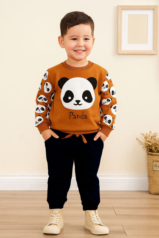 White Panda Brown Printed Kids Fleece Tracksuit