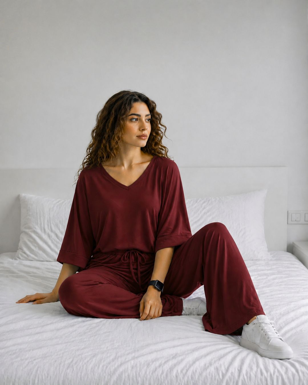 Maroon V-Neck Palazzo Night Suit – Drop Shoulder
