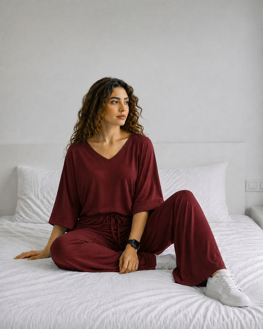 Maroon V-Neck Palazzo Night Suit – Drop Shoulder
