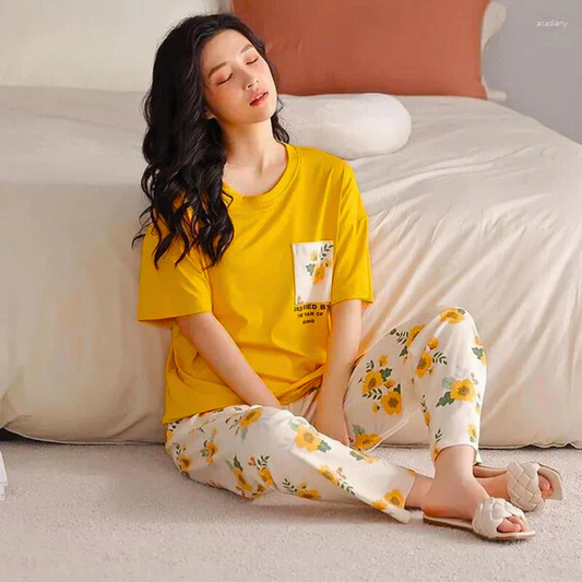 Yellow Flower Printed Night Suit