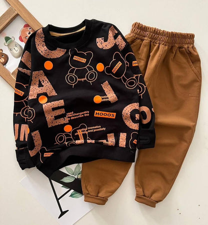 Dark Brown Text Design Kids Fleece Tracksuit