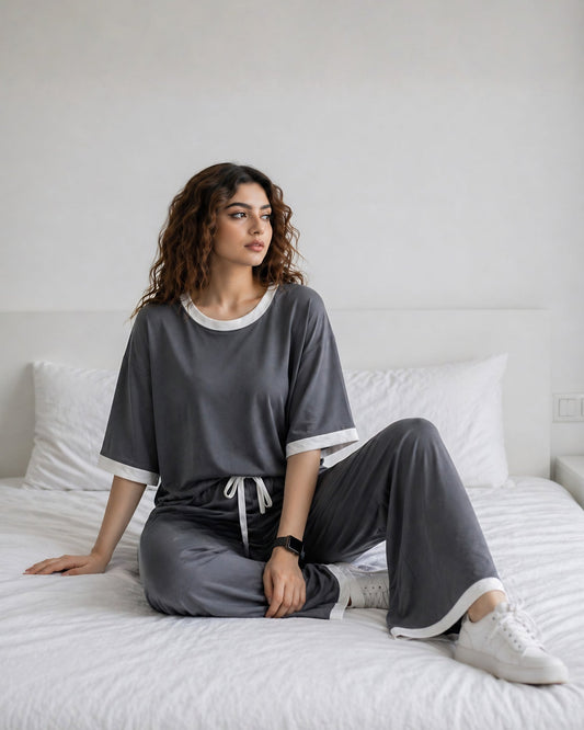 Grey White Round Neck Plazo Night Suit