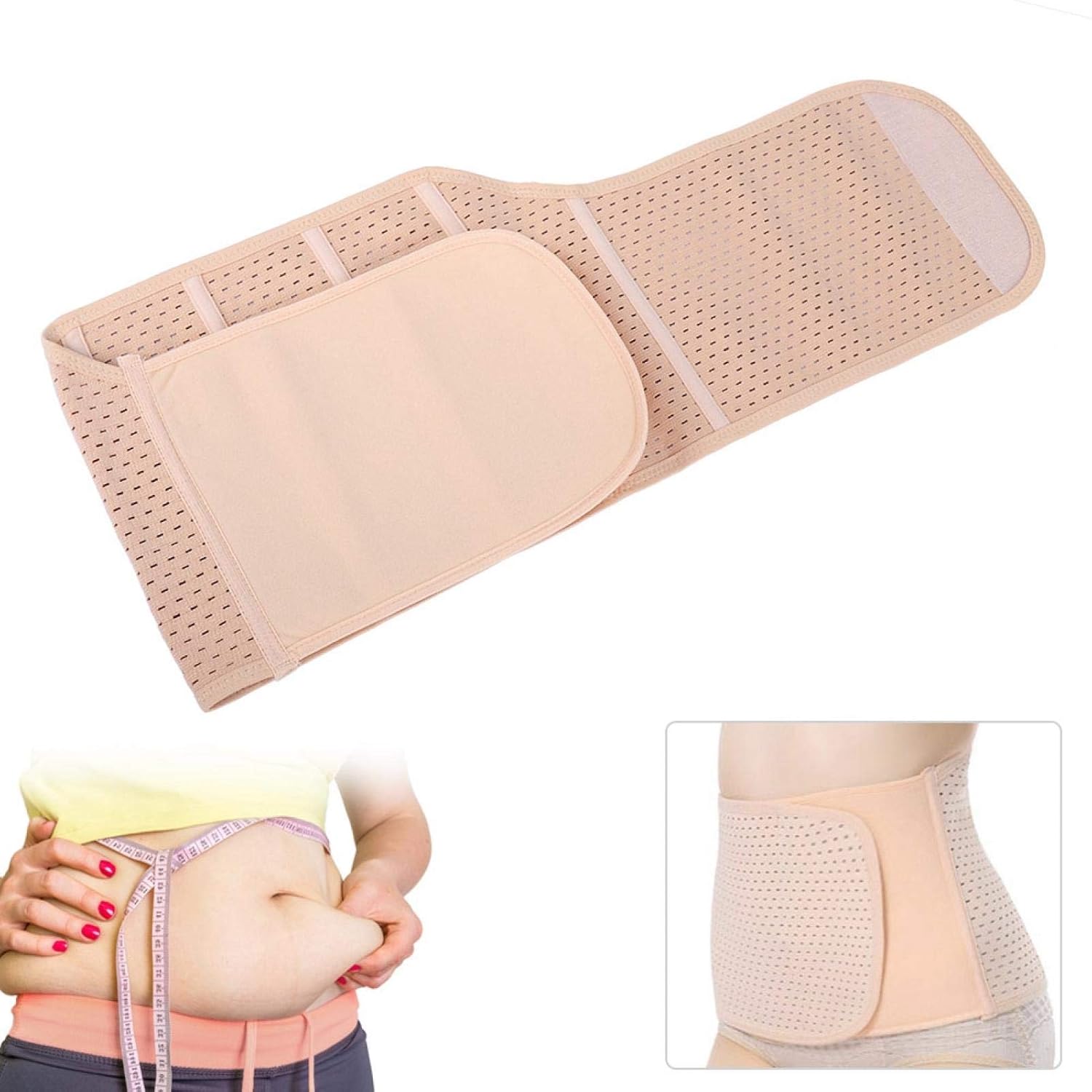 Women's beige abdominal belly belt made from breathable polyamide material for waist and lower abdomen shaping, available in M to XXL.