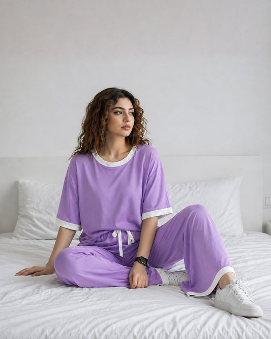 Purple White Round Neck Plazo Night Suit