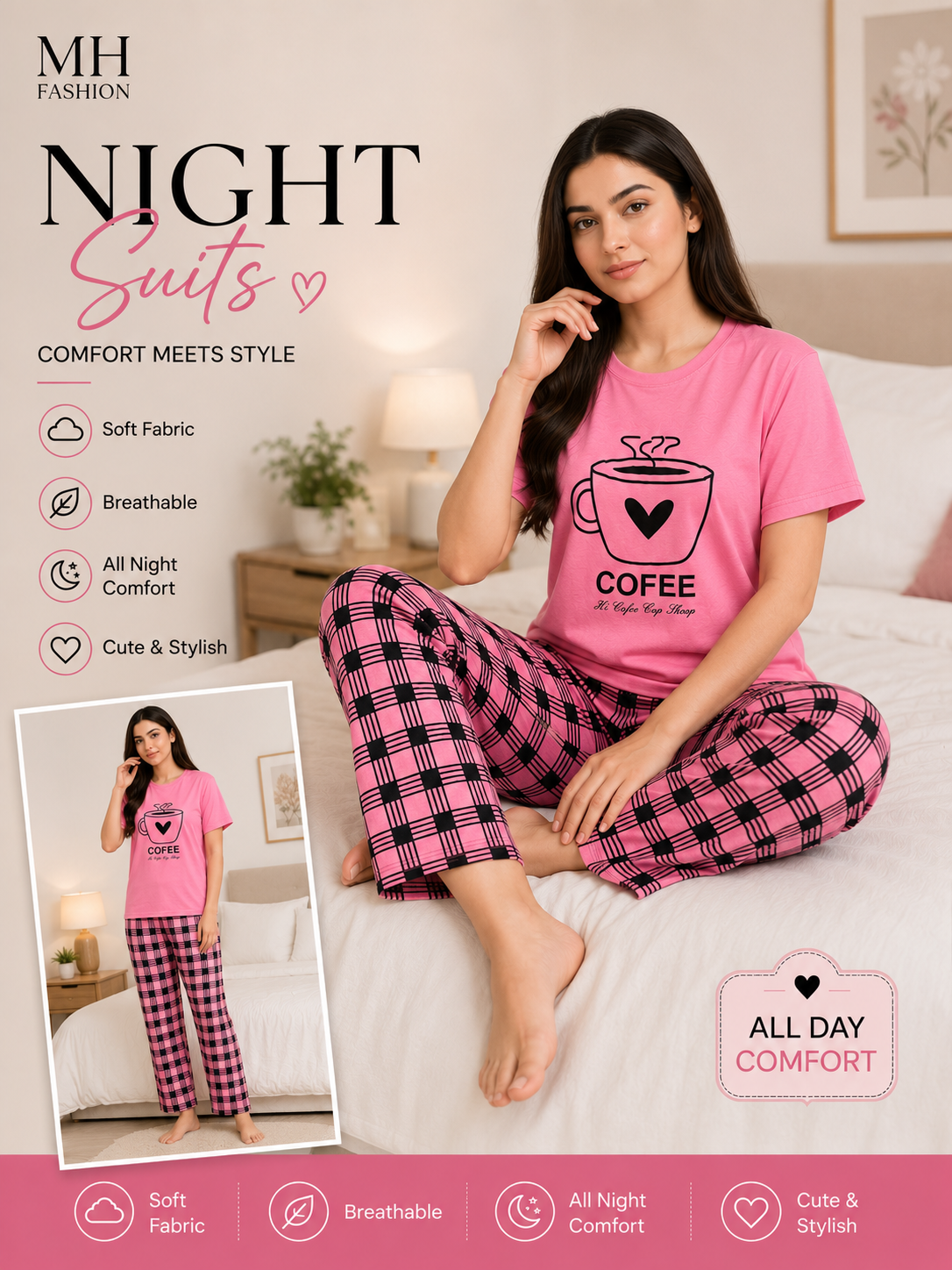 Pink Check Design Night Dress