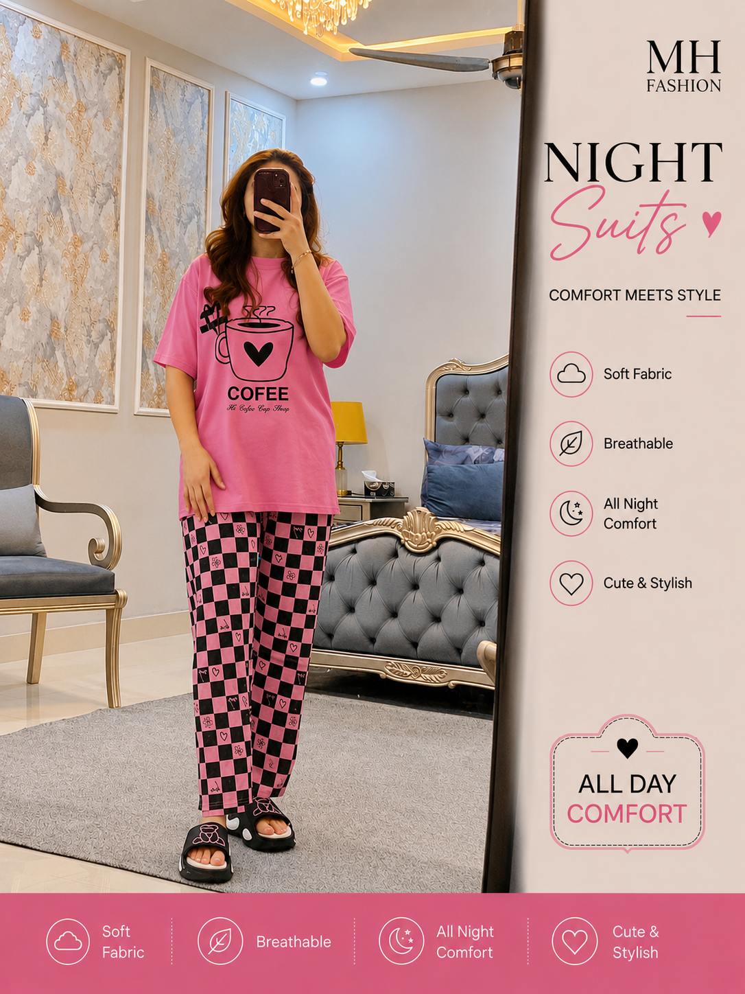 Pink Check Design Night Dress