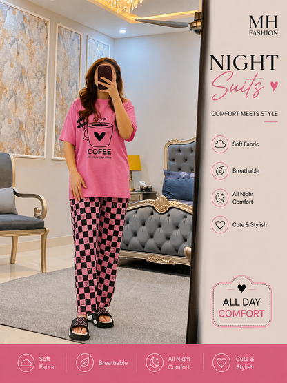 Pink Check Design Night Dress