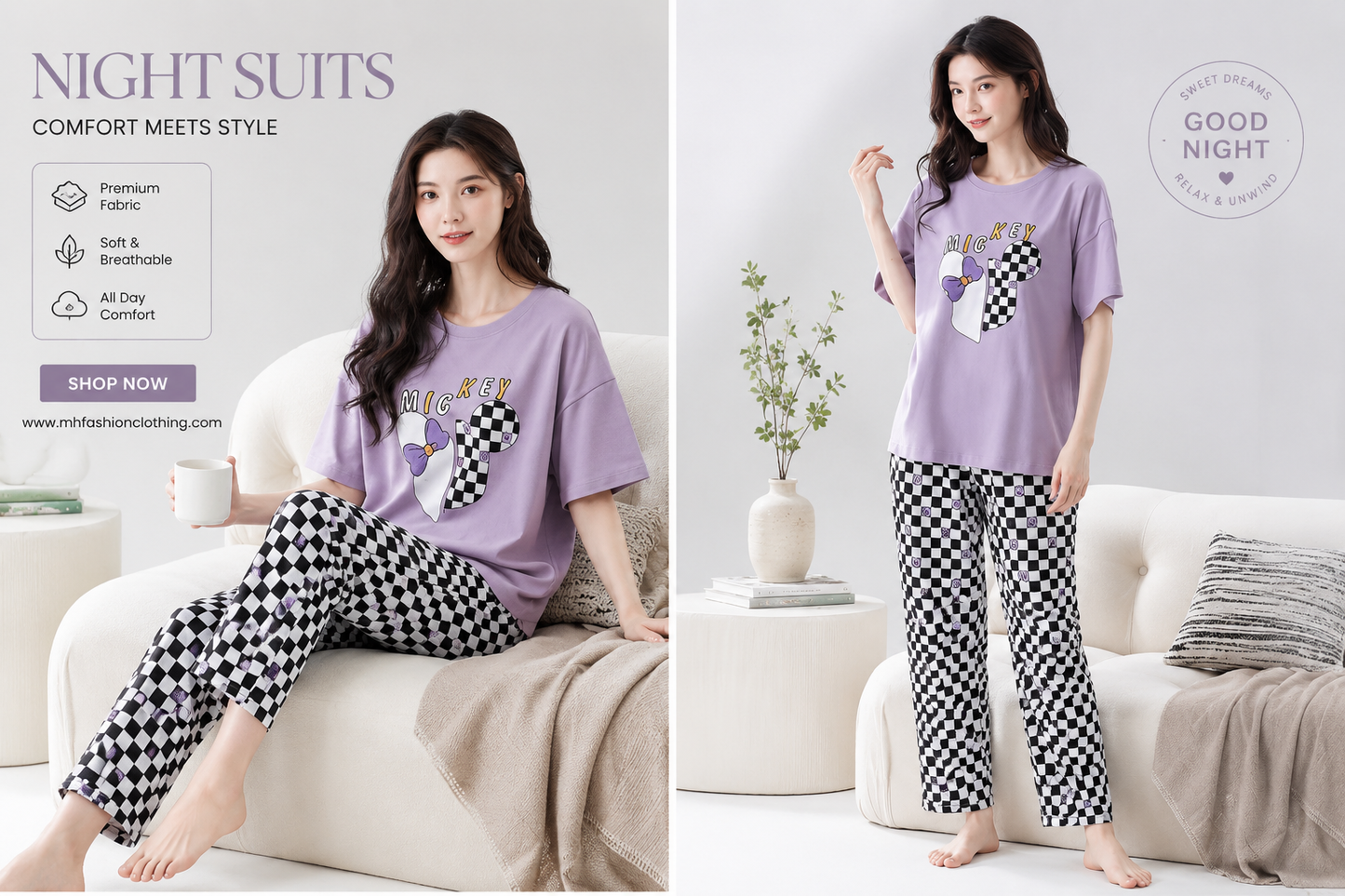 Purple Mickey Printed Night Suit for Women