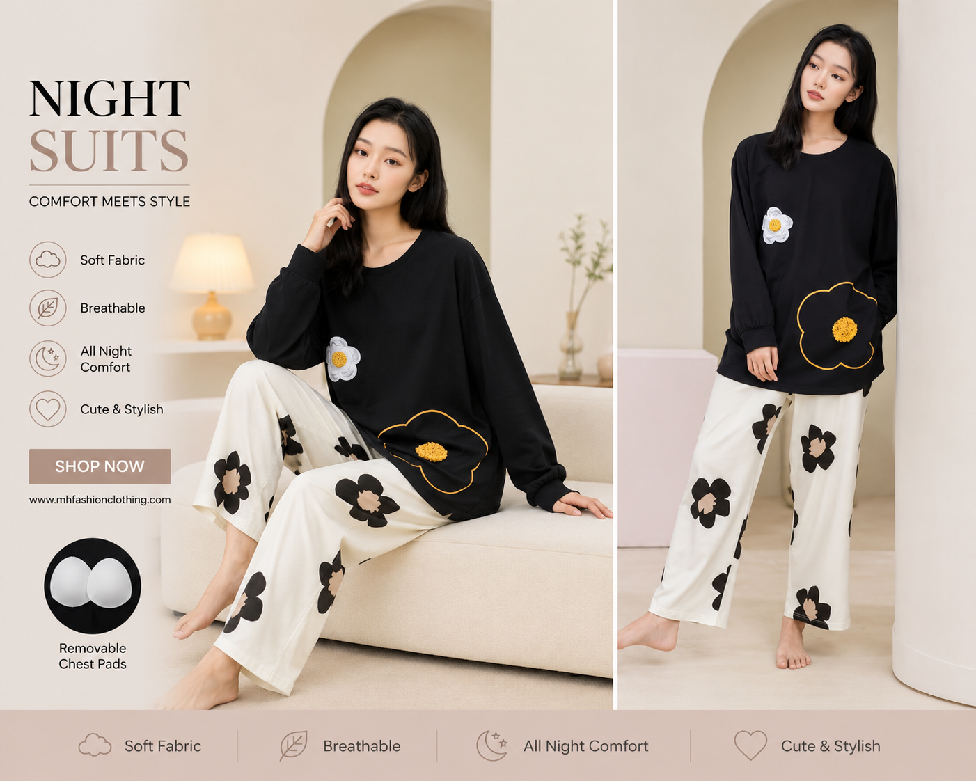 Black Floral Full Sleeves Night Suit