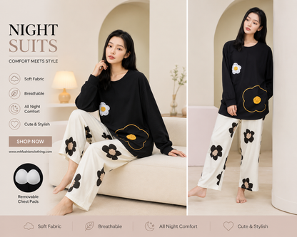 Black Floral Full Sleeves Night Suit