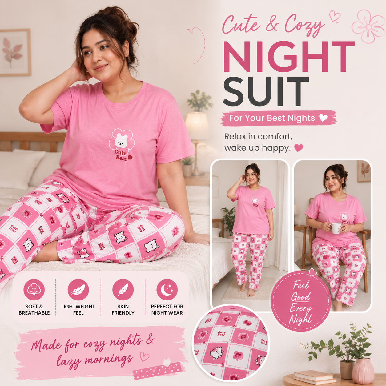 Cute Bear Pink Check Printed Night Suit