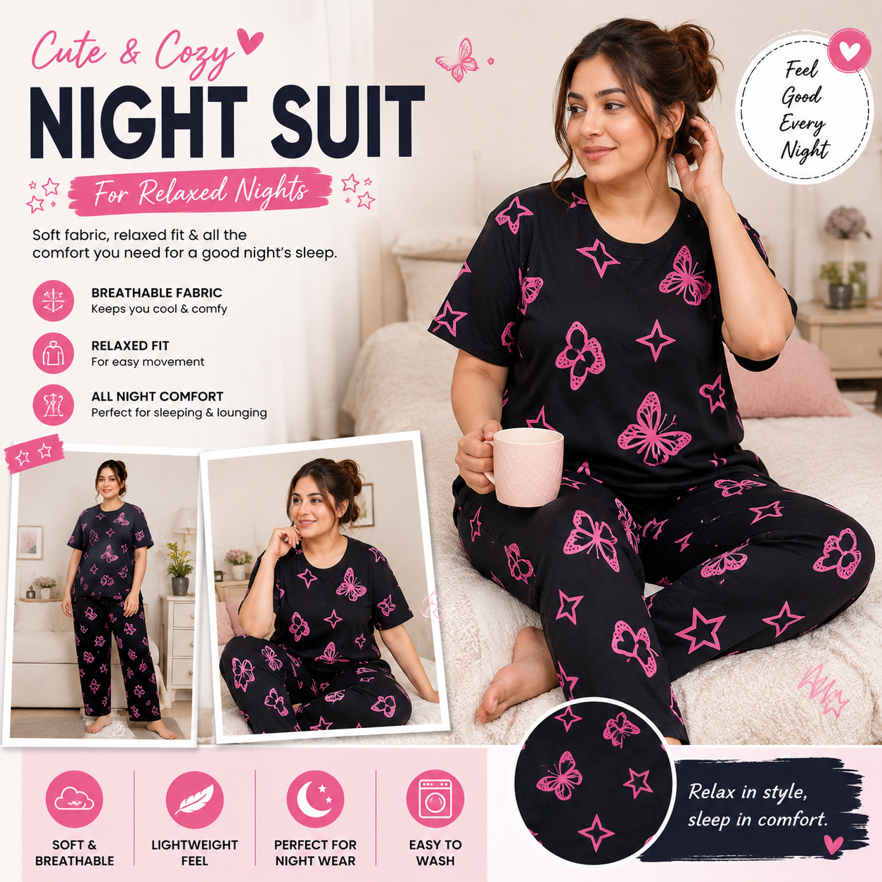 Black Butterfly Printed Night Suit