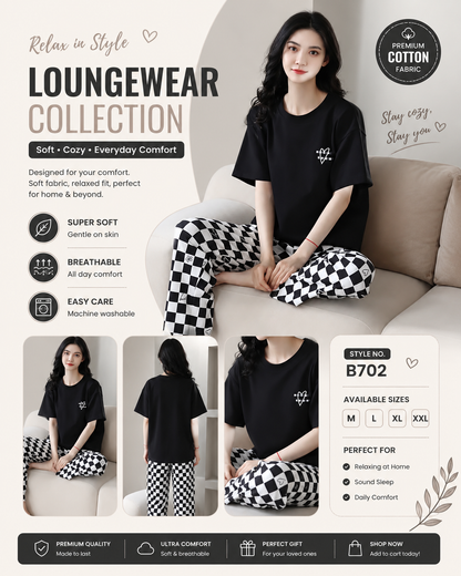 Black Check Love Printed Night Suit