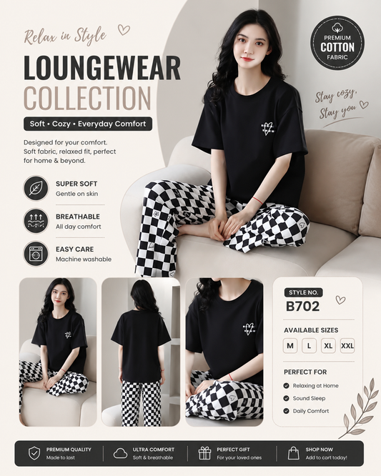 Black Check Love Printed Night Suit