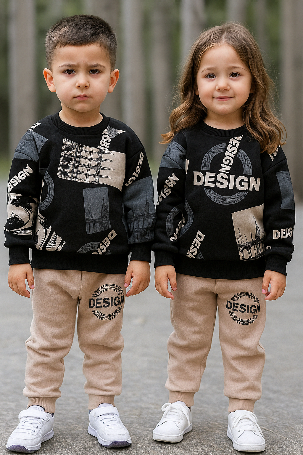 Black & Cream Design Printed Kids Fleece Tracksuit