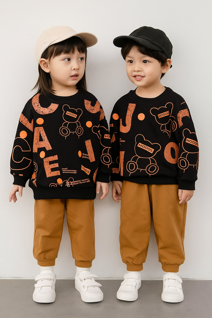 Dark Brown Text Design Kids Fleece Tracksuit