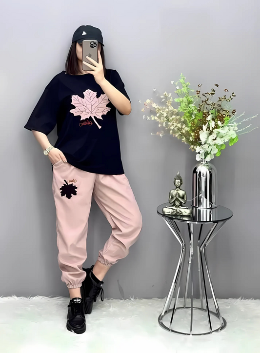Mapple Black & Pink Leaf Design Night Suit