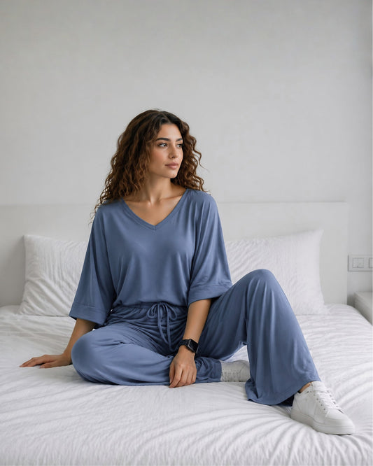 Teal Blue V-Neck Plazo Night Suit