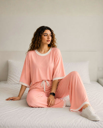 Rose Pink White Round Neck Plazo Night Suit
