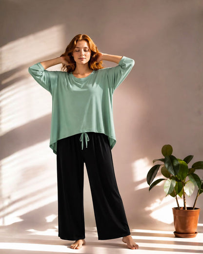 Sea Green & Black V-Neck Palazzo PJ Set