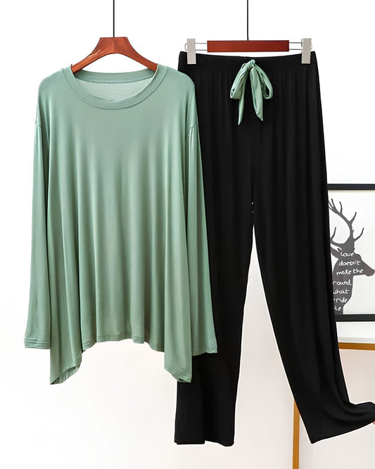 Sea Green & Black V-Neck Palazzo PJ Set
