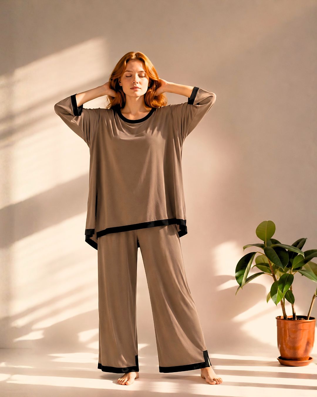 Coffee Brown Black Round Neck Plazo Night Suit