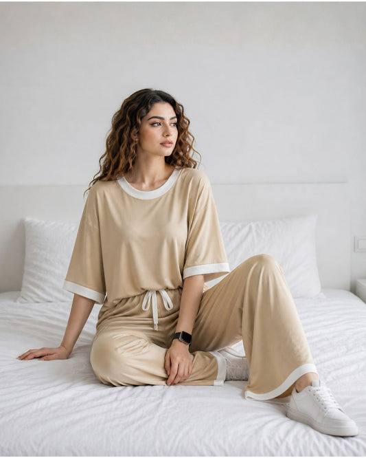 Skin White Round Neck Plazo Night Suit