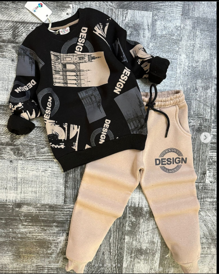 Black & Cream Design Printed Kids Fleece Tracksuit
