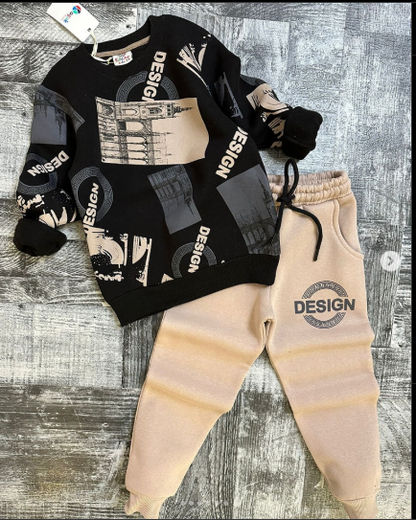Black & Cream Design Printed Kids Fleece Tracksuit