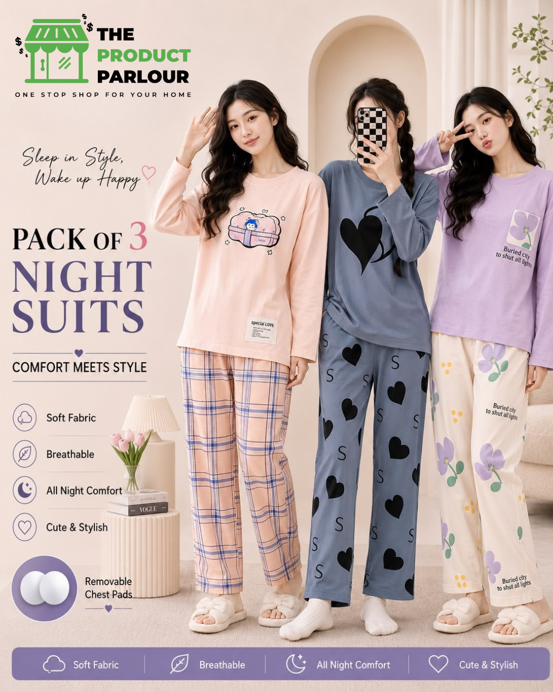 Pack of 3 Women's Cotton Jersey Night Suits