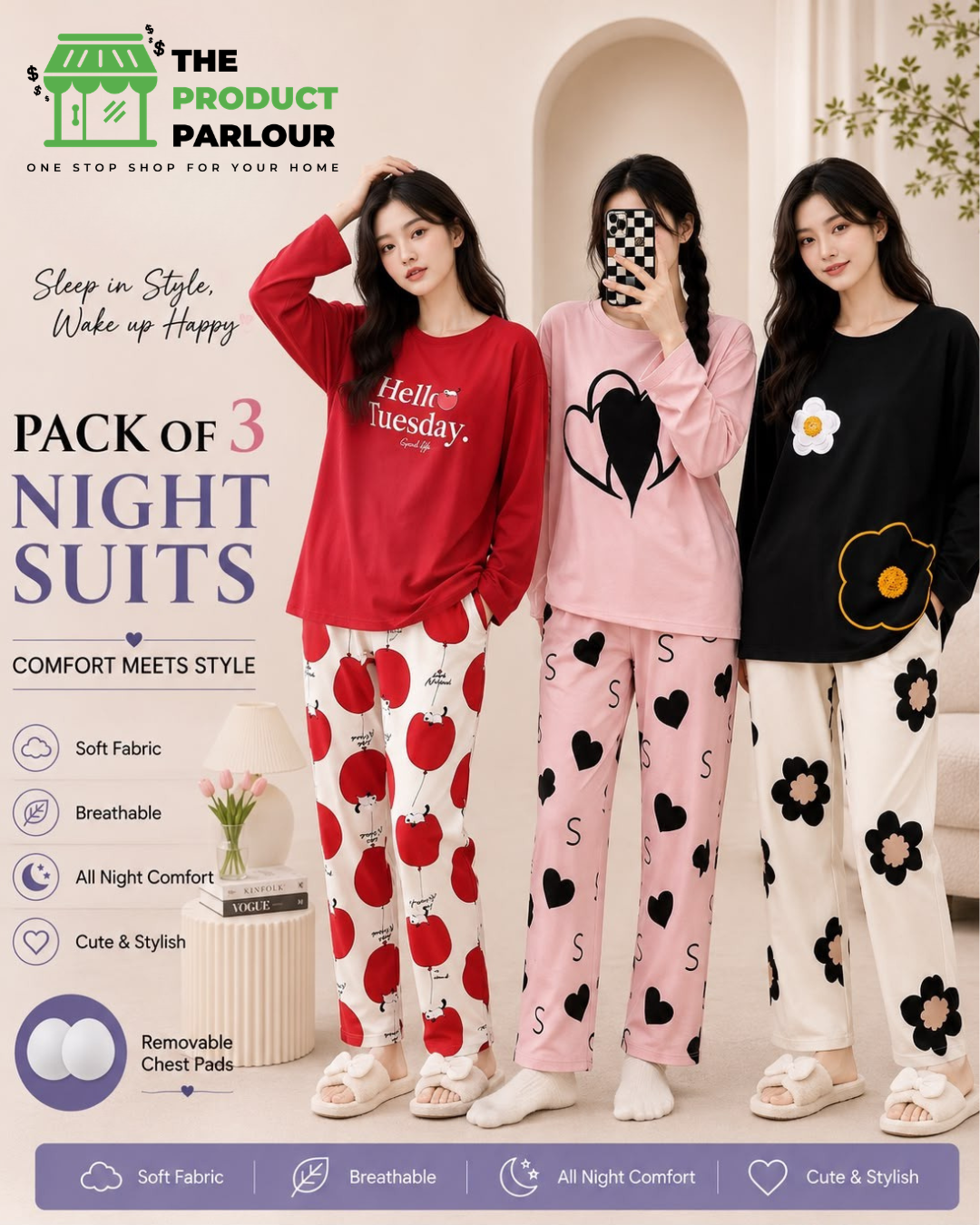 Pack of 3 Women's Cotton Jersey Night Suits