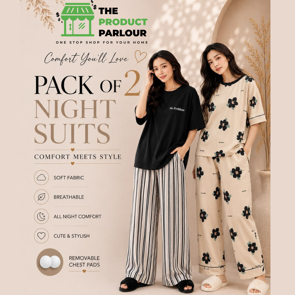 Black Lining & Cream Flower Pack of 2 Night Suits
