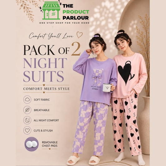 Purple Check Heart & Pink Double Heart Pack of 2 Full Sleeves Night Suits