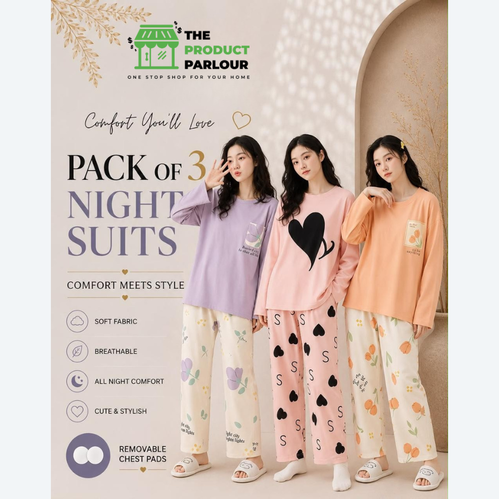 Pack of 3 Women's Cotton Jersey Night Suits – Soft & Comfortable Sleepwear