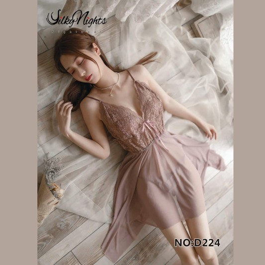 Beige Net Short Nighty with Thong – Premium Sheer Lingerie Set
