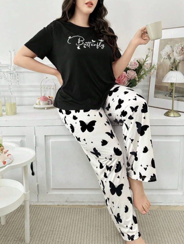 Black Small Butterfly Printed Night Suit