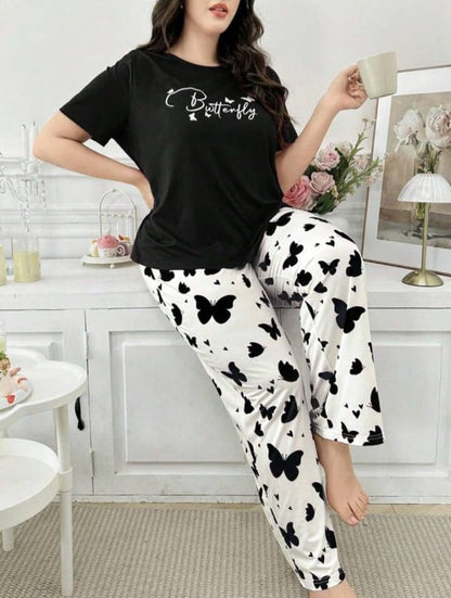 Black Small Butterfly Printed Night Suit