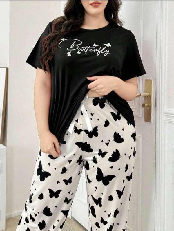 Black Small Butterfly Printed Night Suit