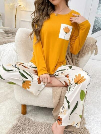 Women's Flower Pocket Printed Night Suit made from premium cotton jersey fabric featuring a floral print and front pocket for soft, breathable, and comfortable all-season sleepwear.