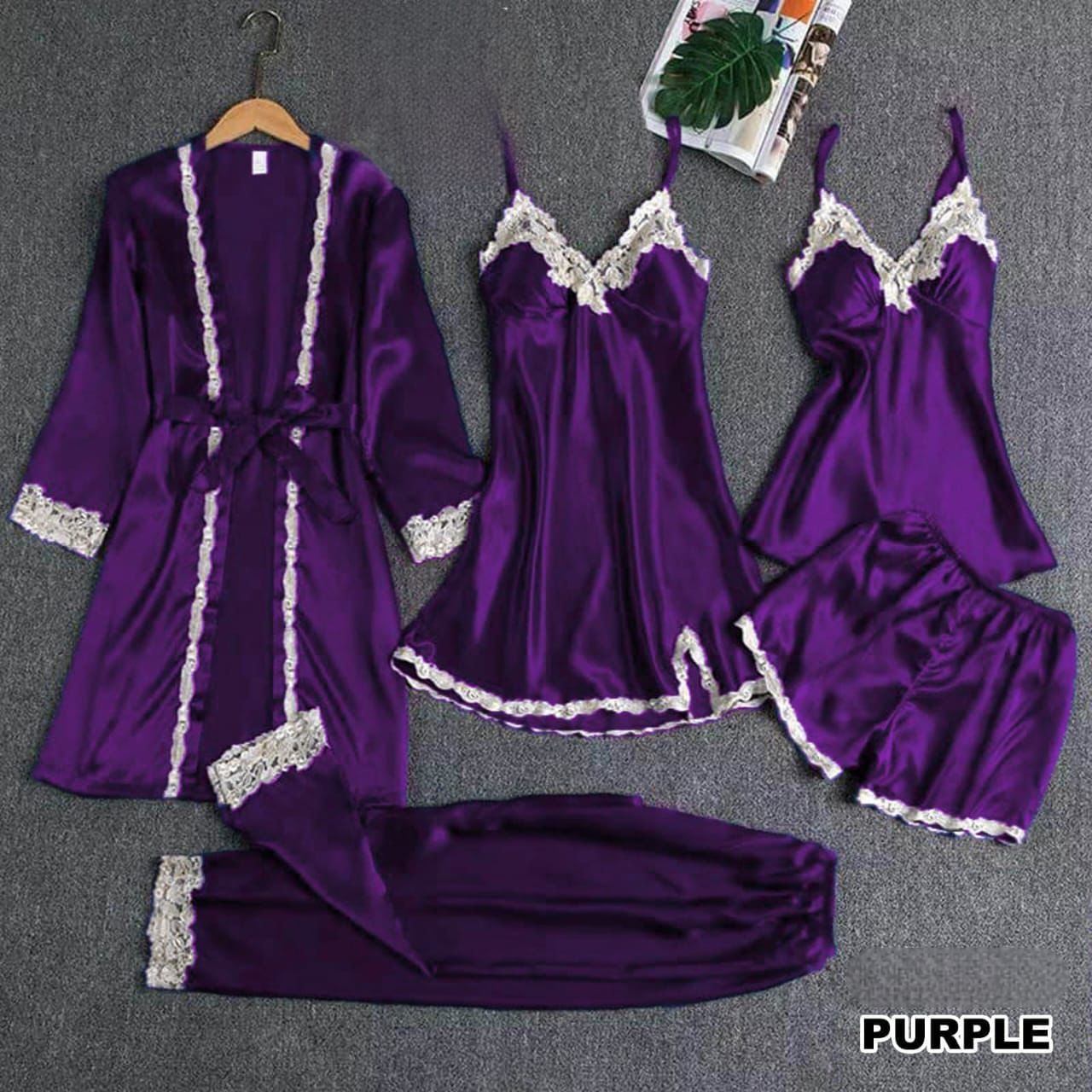 5 PEICE NIGHT SUIT  INCLUDES OPEN GOWN, 2 DIFFERENT INNERS, SHORTS AND TROUSER